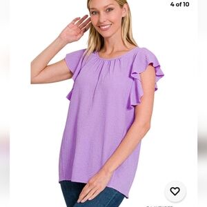 Zenana NWT Women's Purple Airflow Flutter Sleeve Ruffle Sleeve Top Size Large